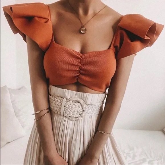 Zara Knit Ruffle Sleeve Pleated Crop Tops- 2 Pairs- Orange & Black (Size Large) - Picture 2 of 10